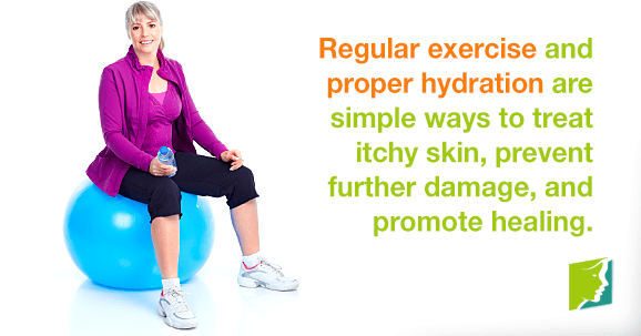 Regular exercise and proper hydration are simple ways to treat itchy skin, prevent further damage, and promote healing