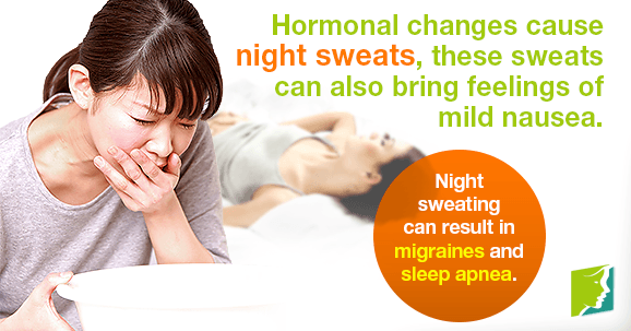Hormonal changes cause night sweats, these sweats can also  bring feelings of mild nausea.