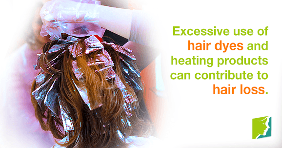 Excessive use of hair dyes and heating products can contribute to hair loss