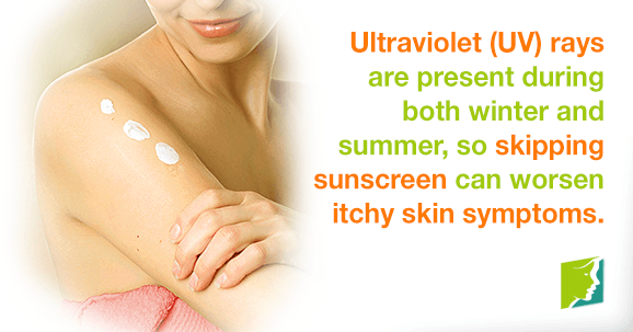 Ultraviolet (UV) rays are present during both winter and summer, so skipping sunscreen can worsen itchy skin symptoms.