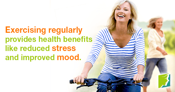 Exercising regularly provides health benefits like reduced stress and improved mood.