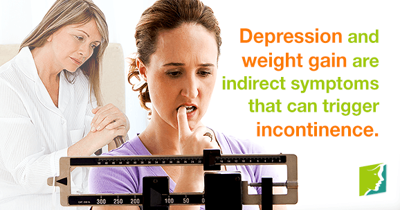 Depression and weight gain are indirect symptoms that can trigger incontinence.