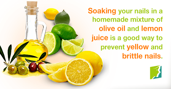 Soaking your nails in a homemade mixture of olive oil and lemon juice is a good way to prevent yellow and brittle nails