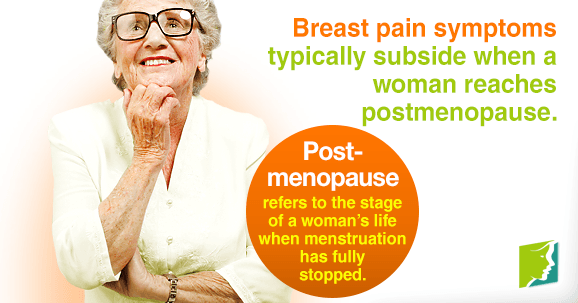 Breast pain symptoms typically subside when a woman reaches postmenopause