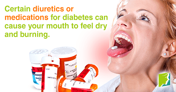 Certain diuretics or medications for diabetes can cause your mouth to feel dry and burning